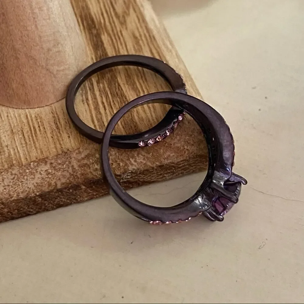 Amethyst CZ Ring-Brown Stainless Steel Multi-Band Design